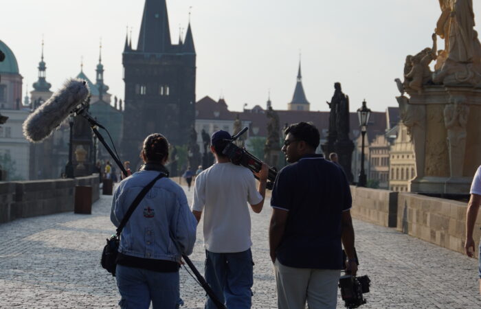 Filmmaking students walk